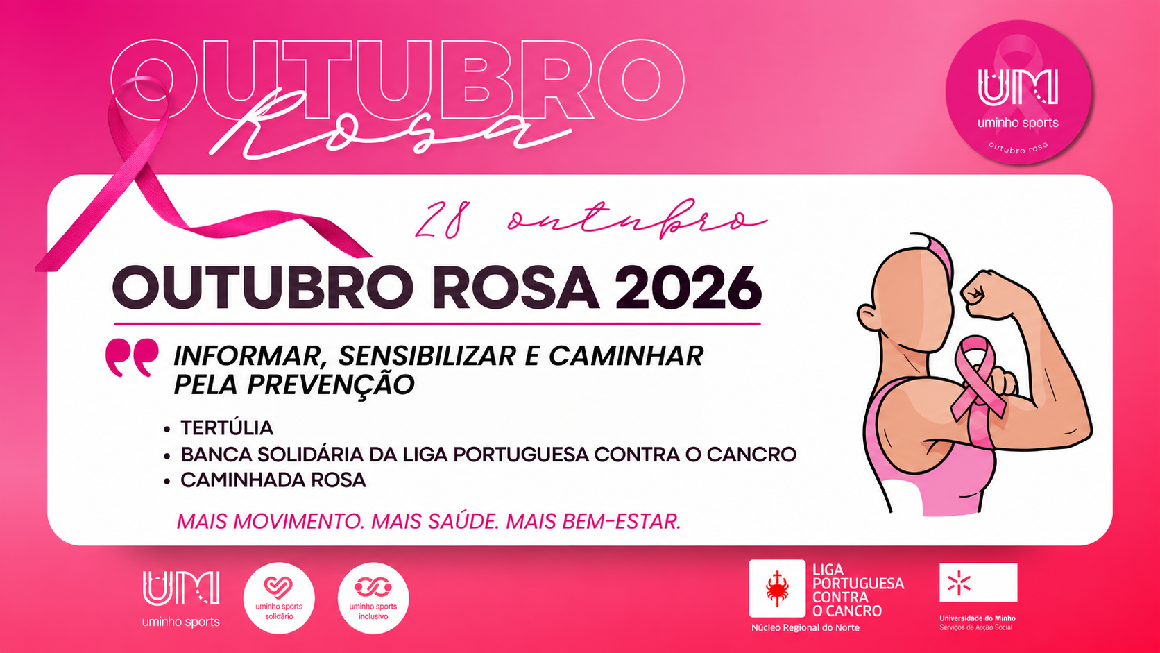 A imagem pode conter: Rosa:, Outubro Rosa:, informar e caminhar pela prevenção